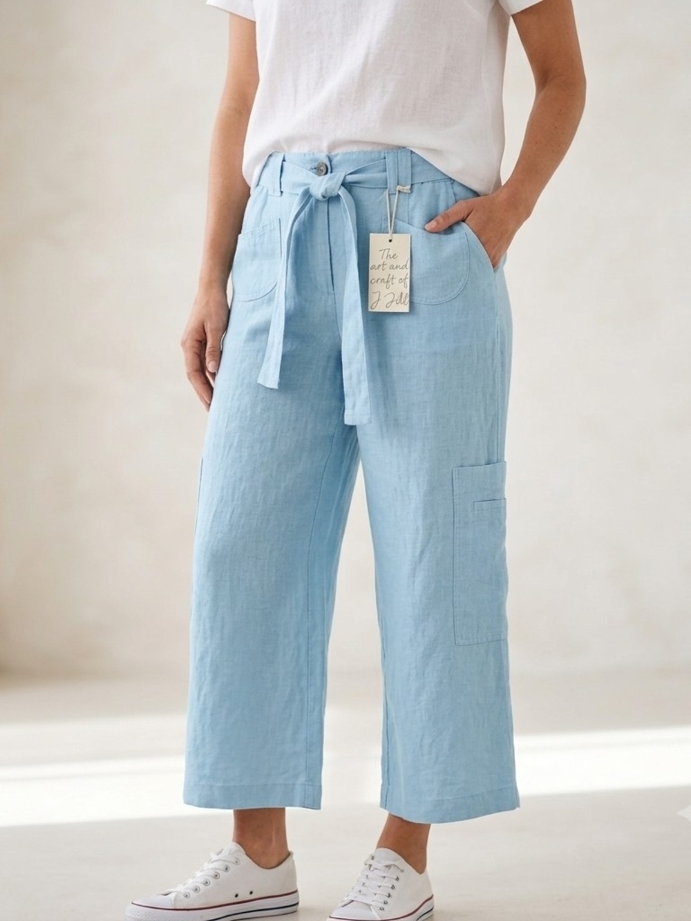​J. Jill Linen Pants Women 10P Sky Blue Wide Leg Belted Crop NWT